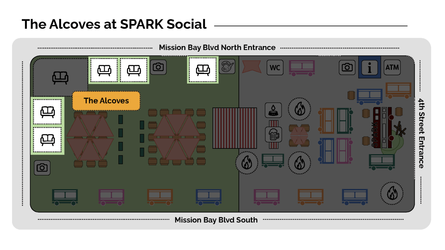 Map of 'The Alcoves' seating at SPARK Social near entrances and amenities.