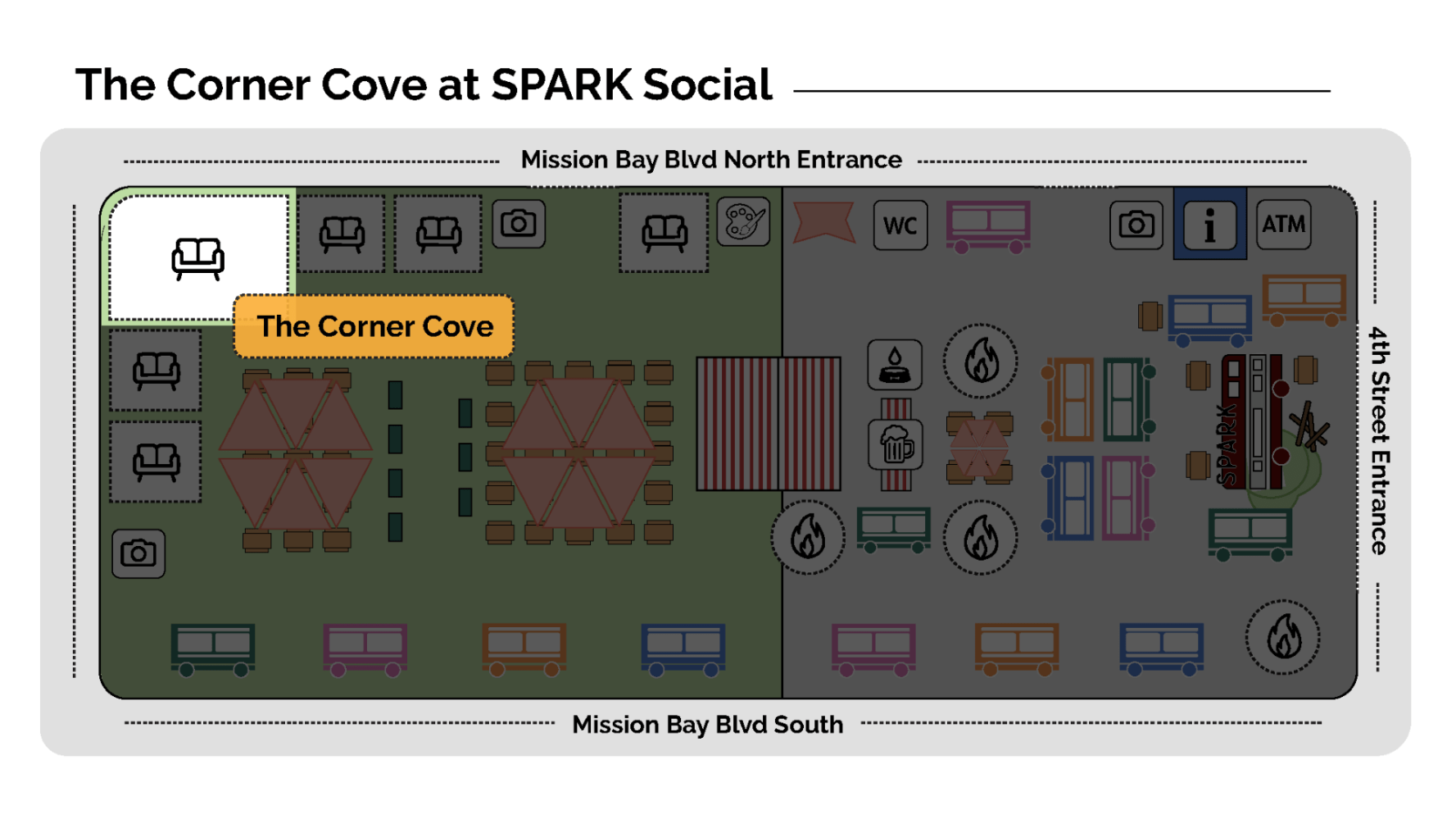 Map of The Corner Cove at SPARK Social with highlighted area.