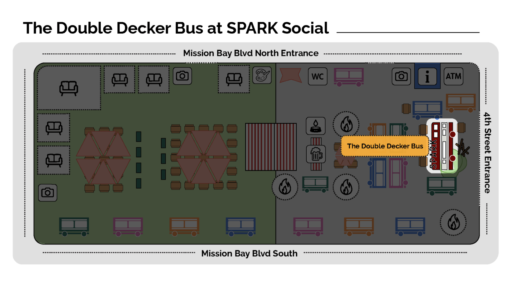 Layout map of The Double Decker Bus at SPARK Social with seating and facilities.