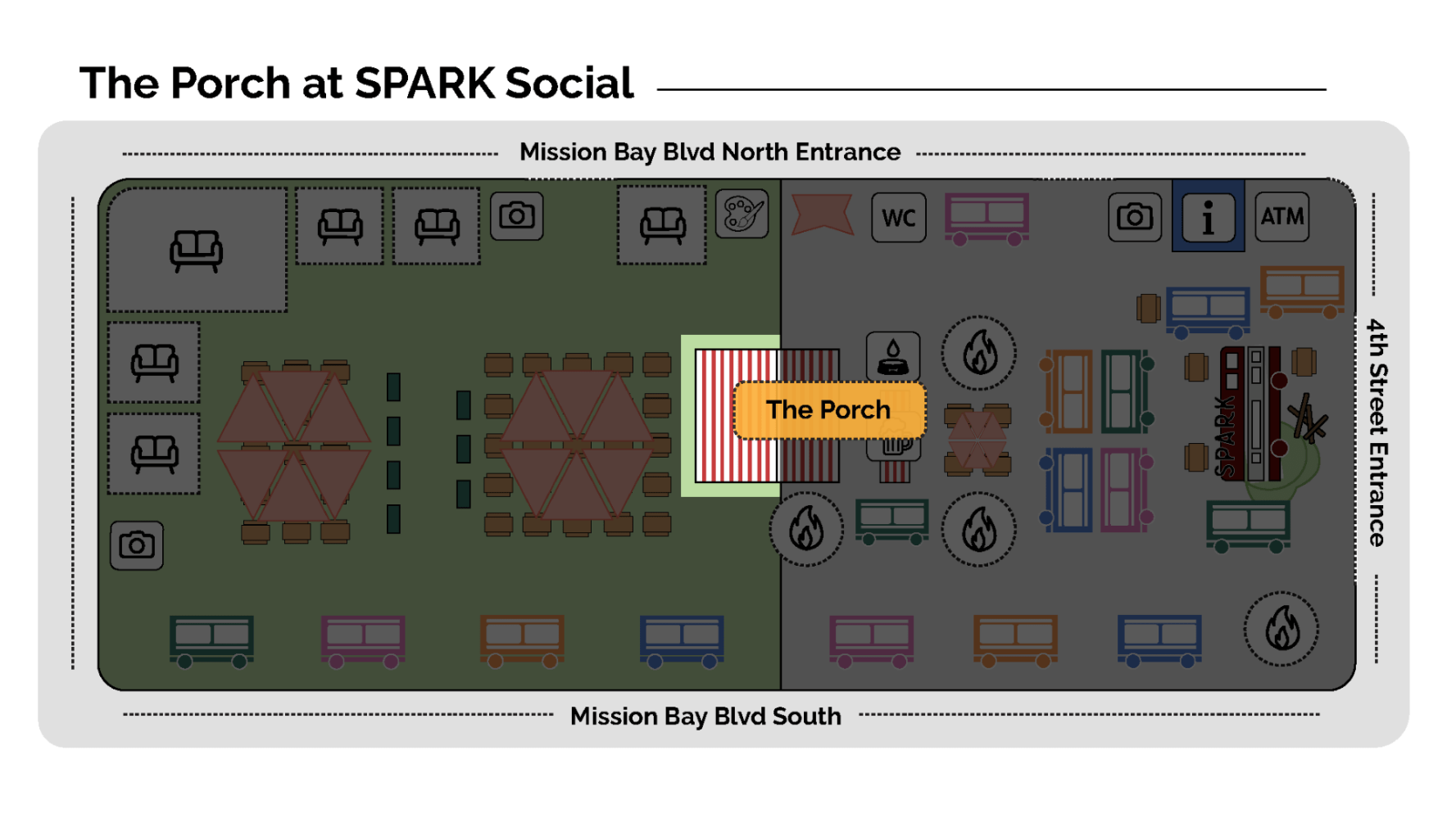 Map of The Porch at SPARK Social with labeled entrances and areas.