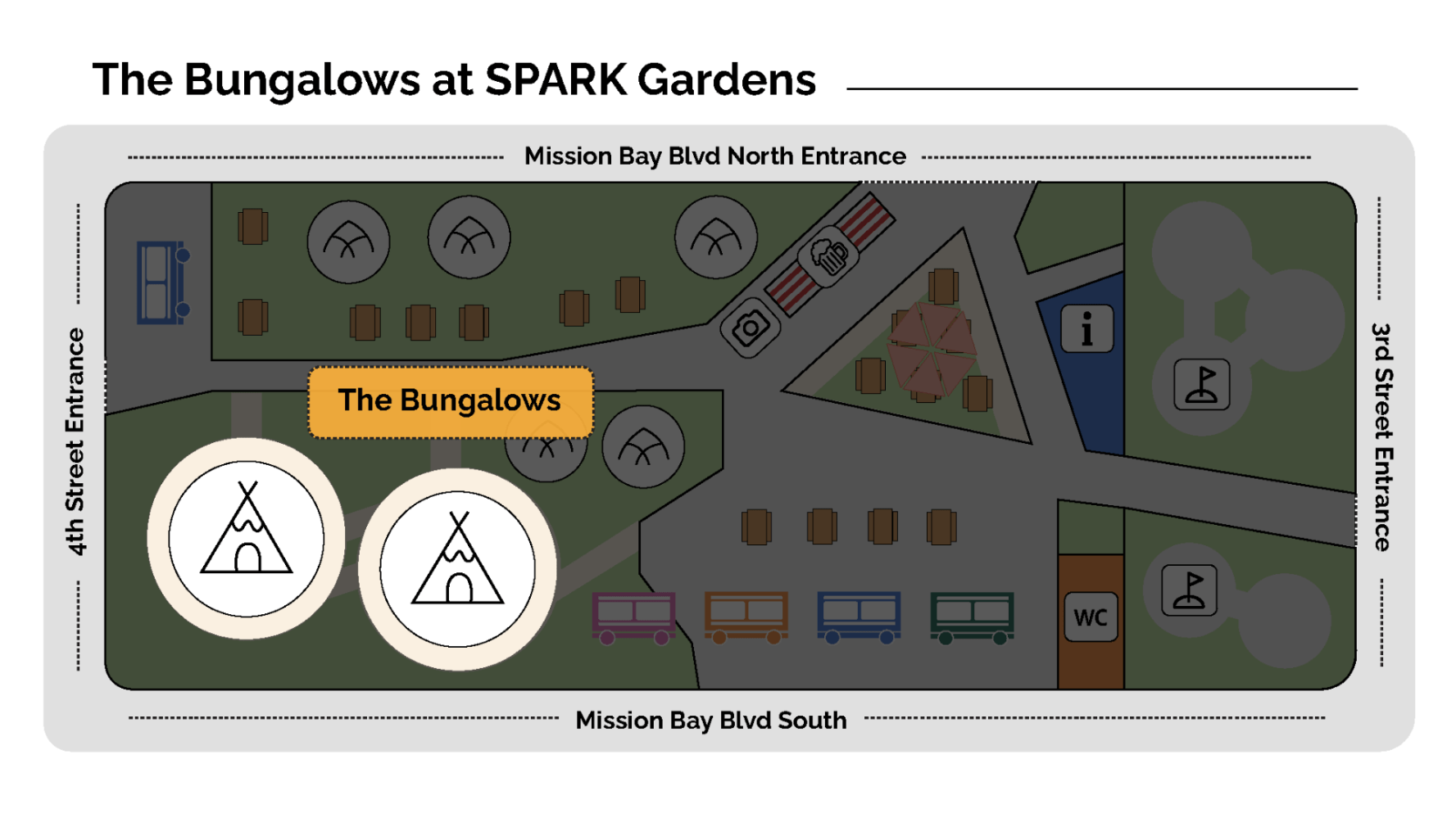Map of The Bungalows at SPARK Gardens with entrances and facilities marked.