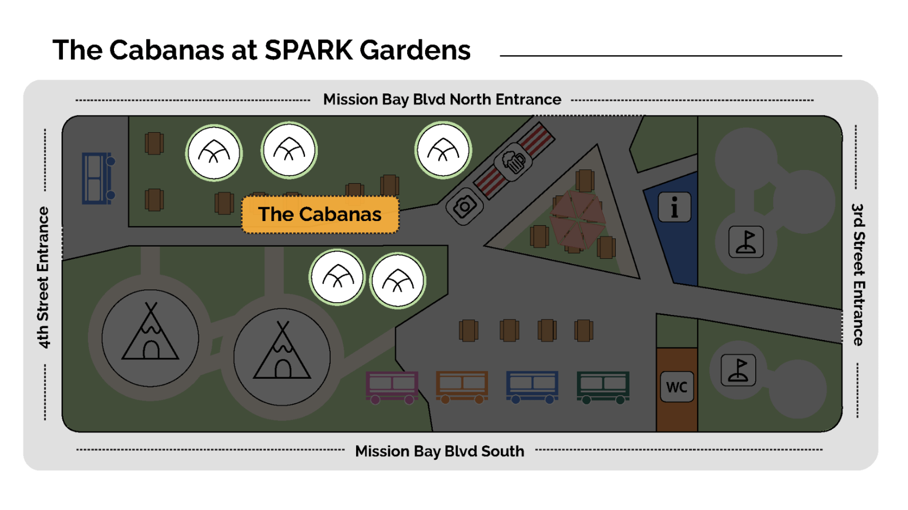 Map of The Cabanas at SPARK Gardens with paths, entrances, and icons.