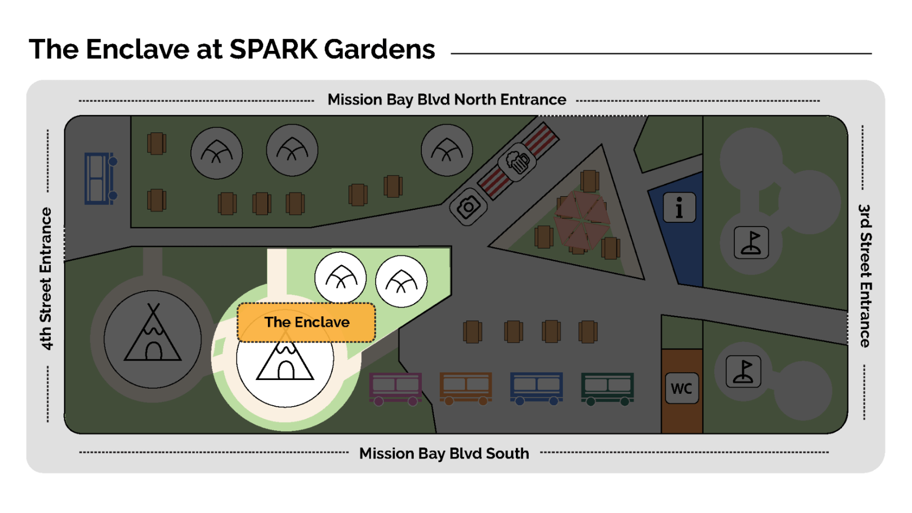 Map of The Enclave at SPARK Gardens with paths and entrances.