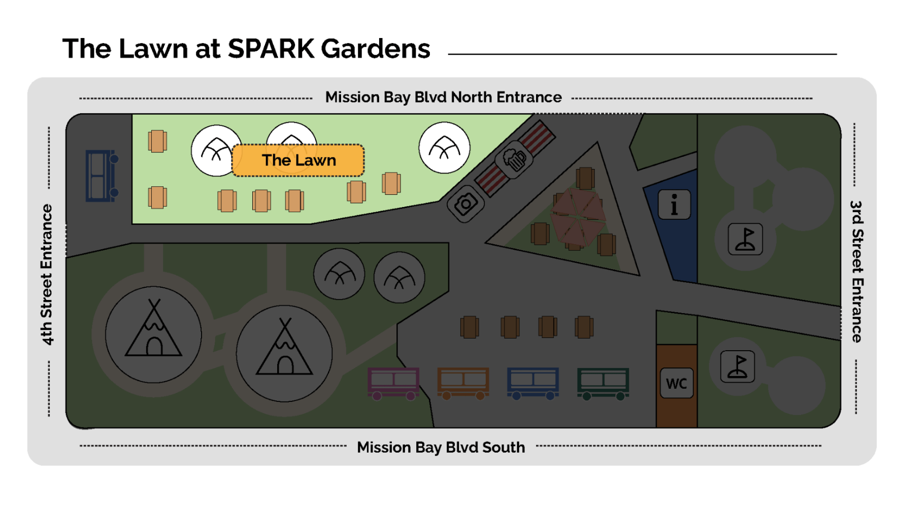 Map of The Lawn at SPARK Gardens with entrances and structures.