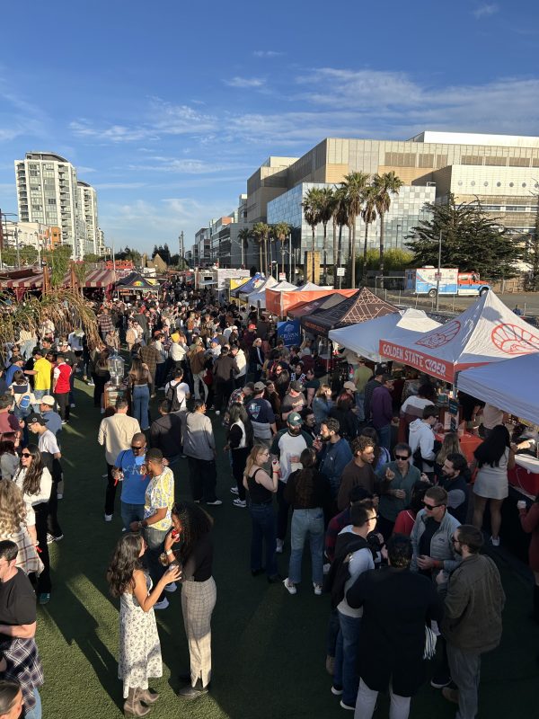 Crowded outdoor market with people mingling, booths, and palm trees under a blue sky.