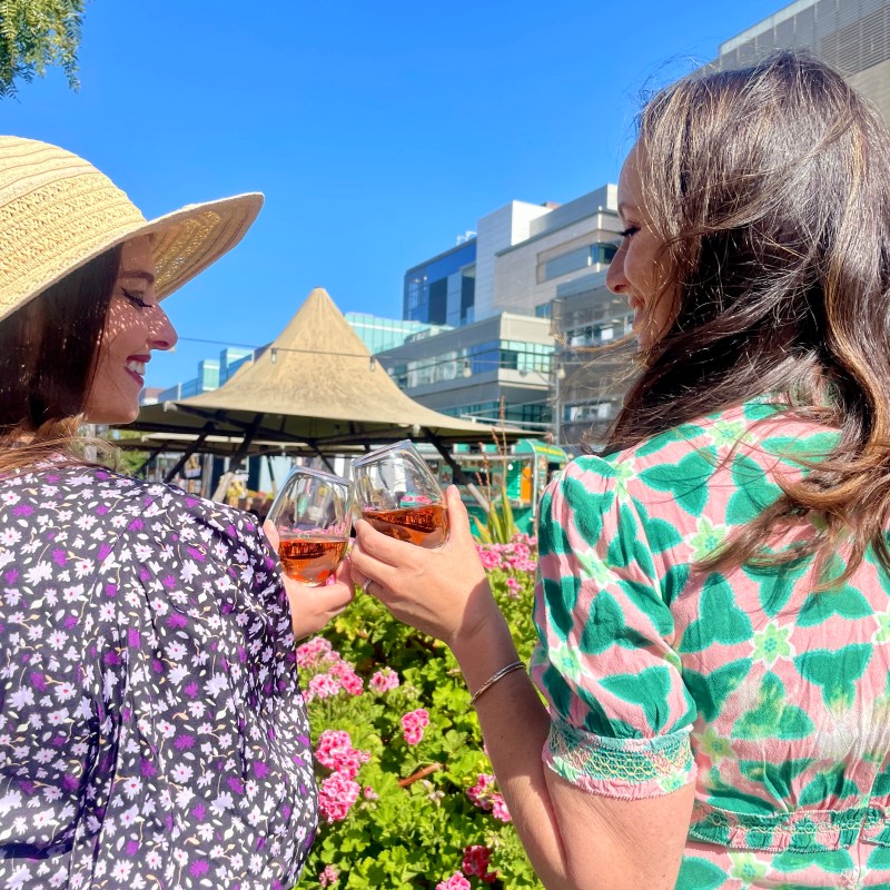 Two women in floral dresses toast drinks in a garden with buildings in the background.