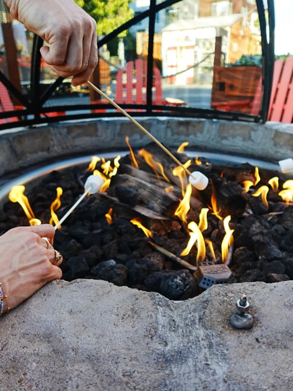 People roasting marshmallows over a fire pit with rocks and flames.
