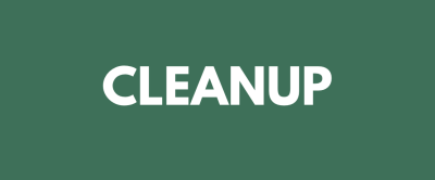 The word 'CLEANUP' in bold white letters on a green background.