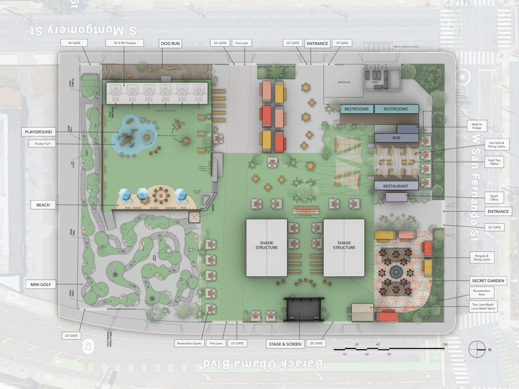 Layout of an outdoor park with playground, mini golf, seating, and restrooms.