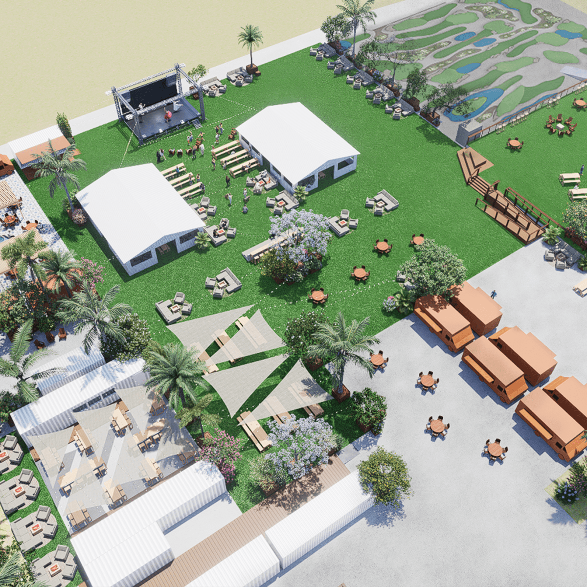 Aerial view of an outdoor event space with tents, stage, seating, and green areas.