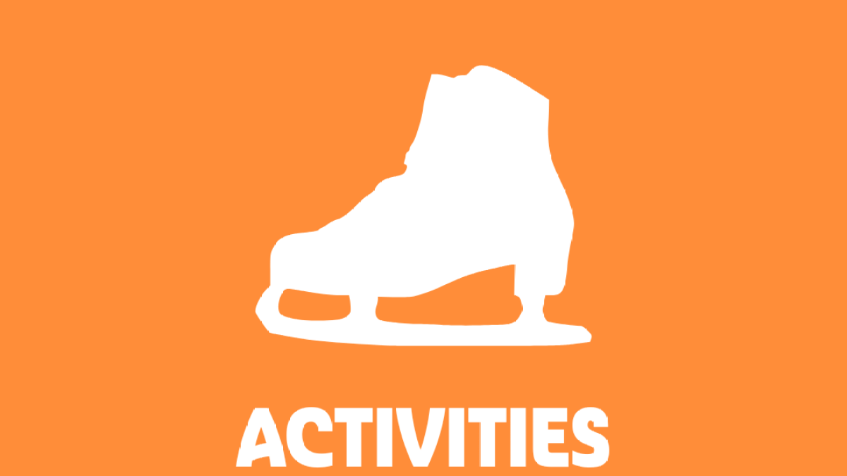 White ice skate silhouette on orange background with 'ACTIVITIES' text.
