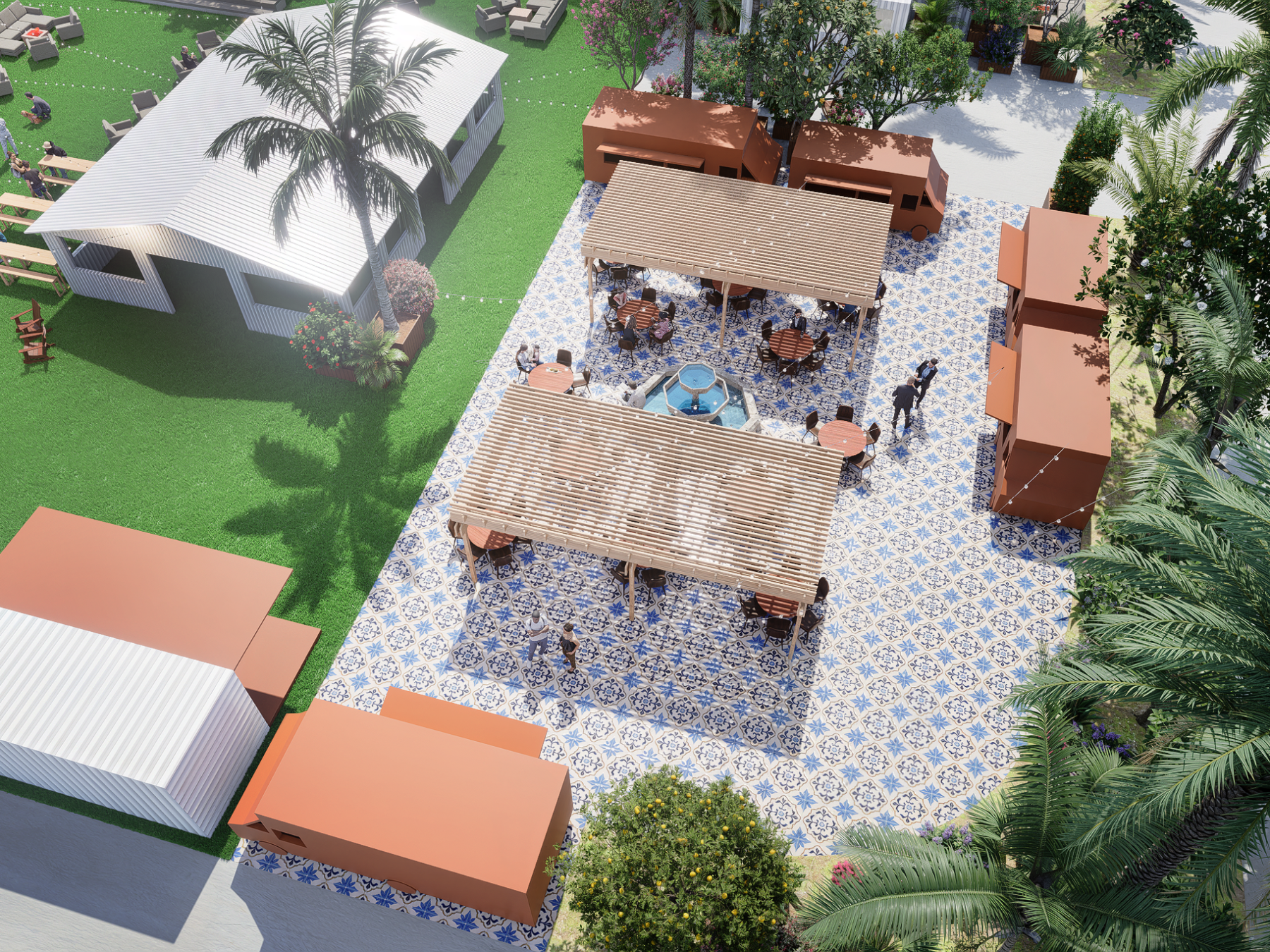 Aerial view of a tiled patio with pergolas, tables, and people, surrounded by greenery and a white building.