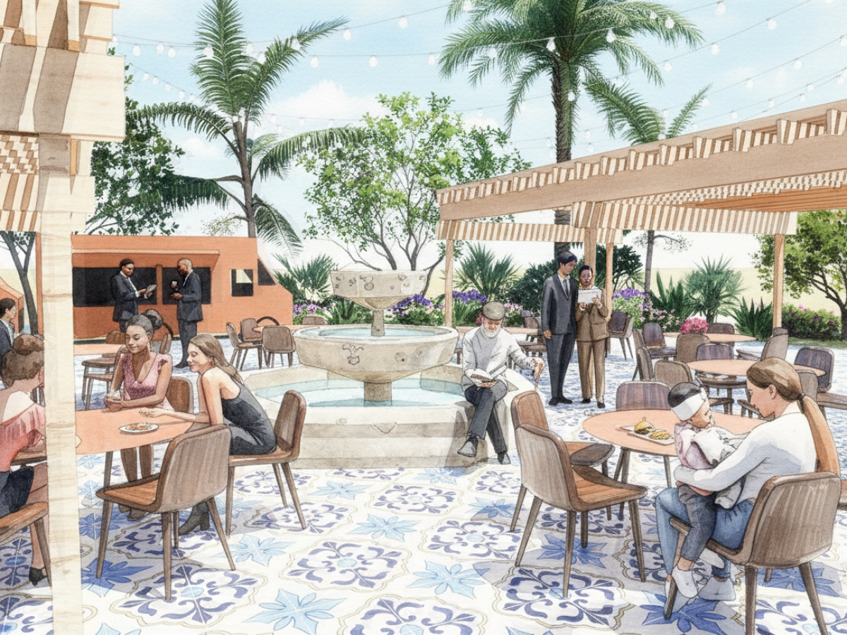 Outdoor cafe with people sitting and conversing, fountain, palm trees, and string lights above.