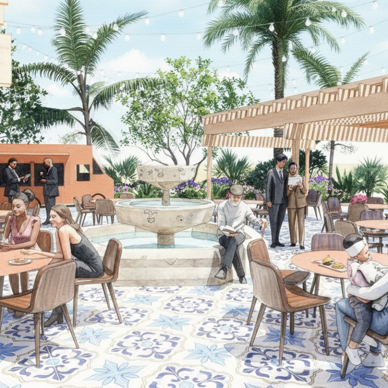 Outdoor cafe with people sitting and conversing, fountain, palm trees, and string lights above.