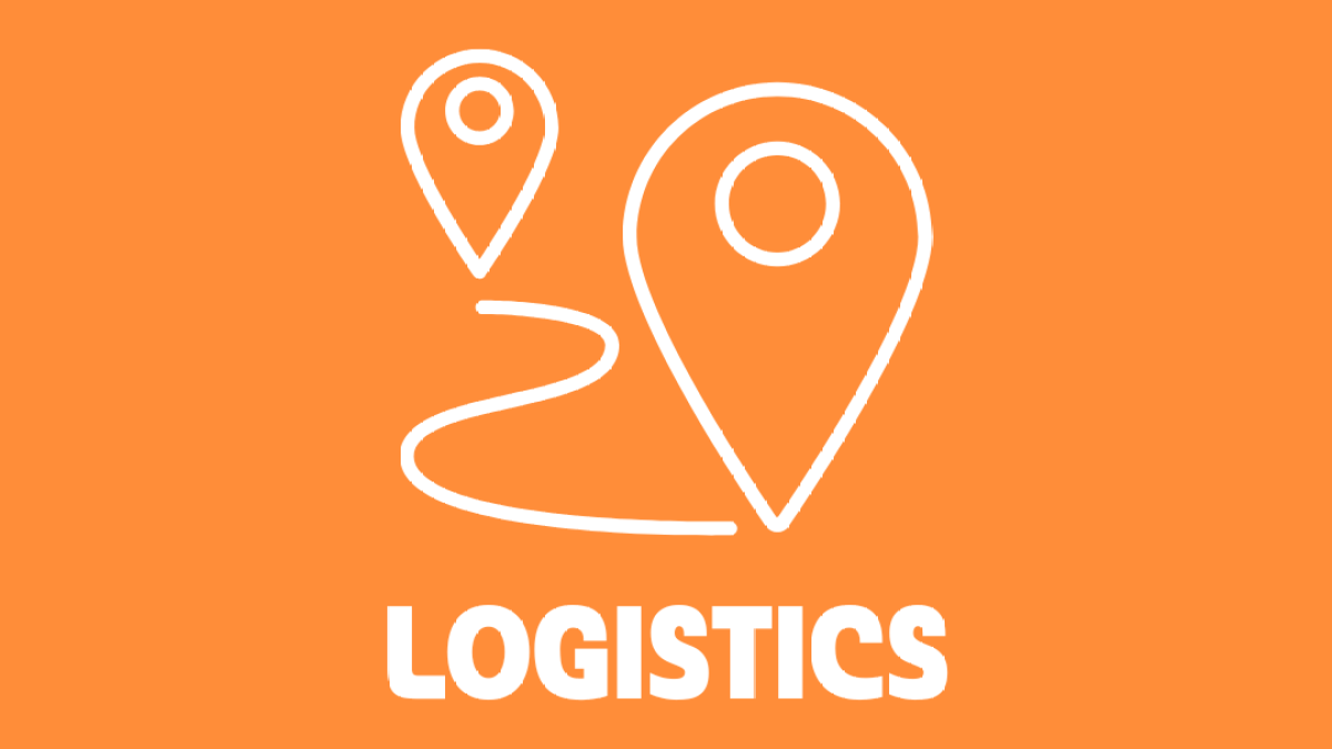 Two map pins connected by a path, labeled 'Logistics' on an orange background.