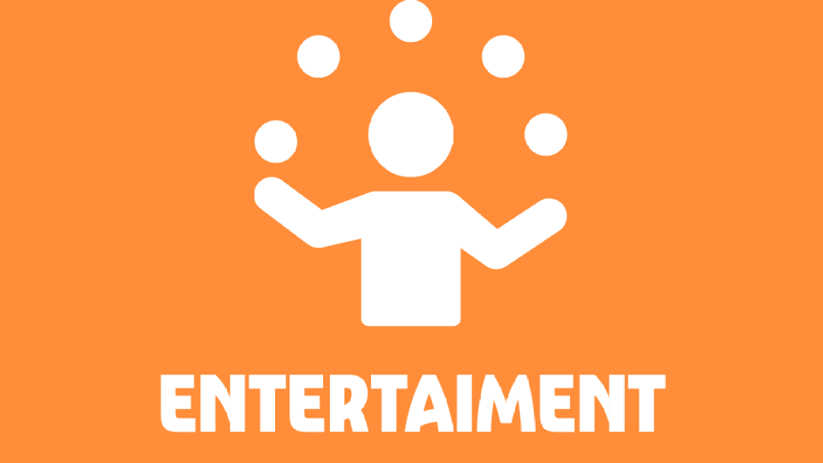 Icon of person juggling five balls with 'ENTERTAIMENT' text on orange background.