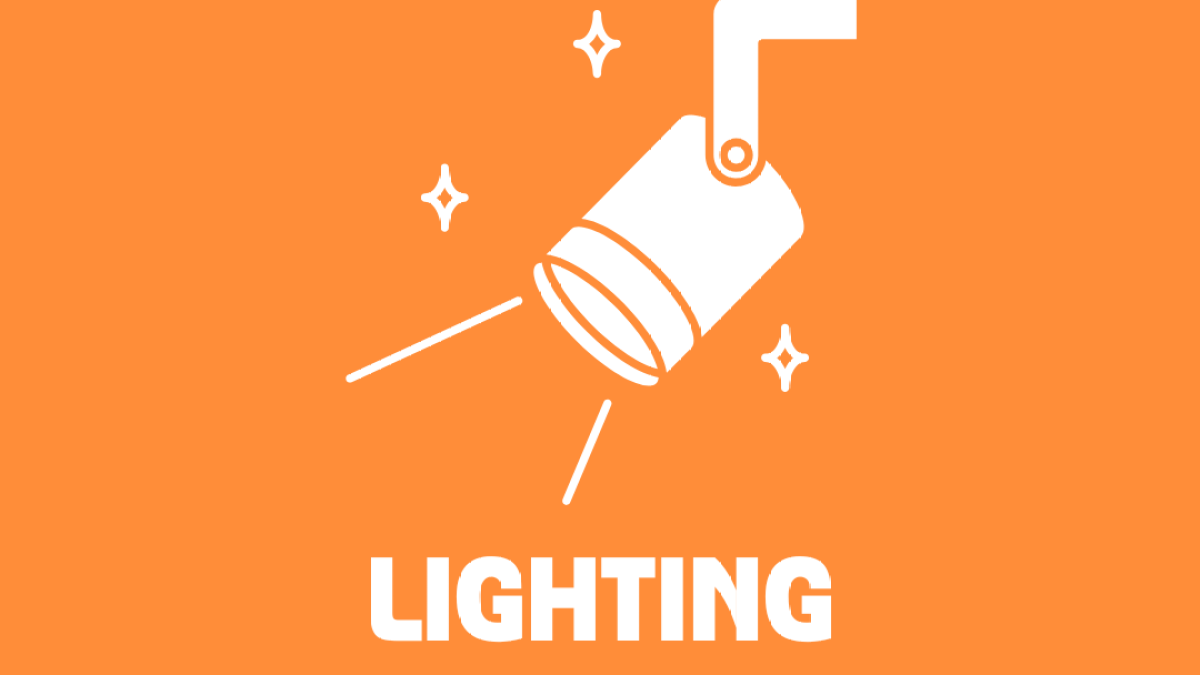 White spotlight icon with sparkles and text 'LIGHTING' on orange background.