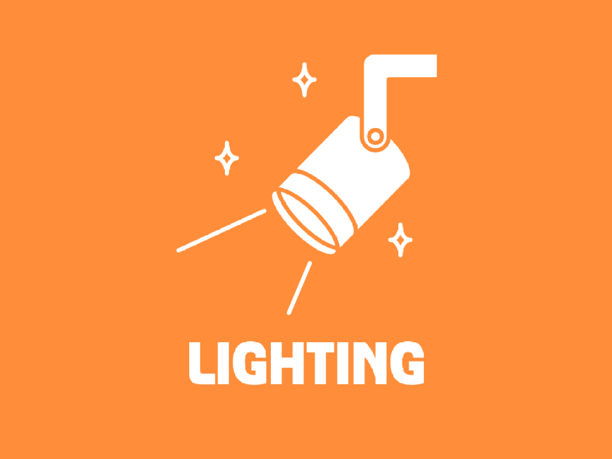 White spotlight icon and 'LIGHTING' text on orange background with sparkles.