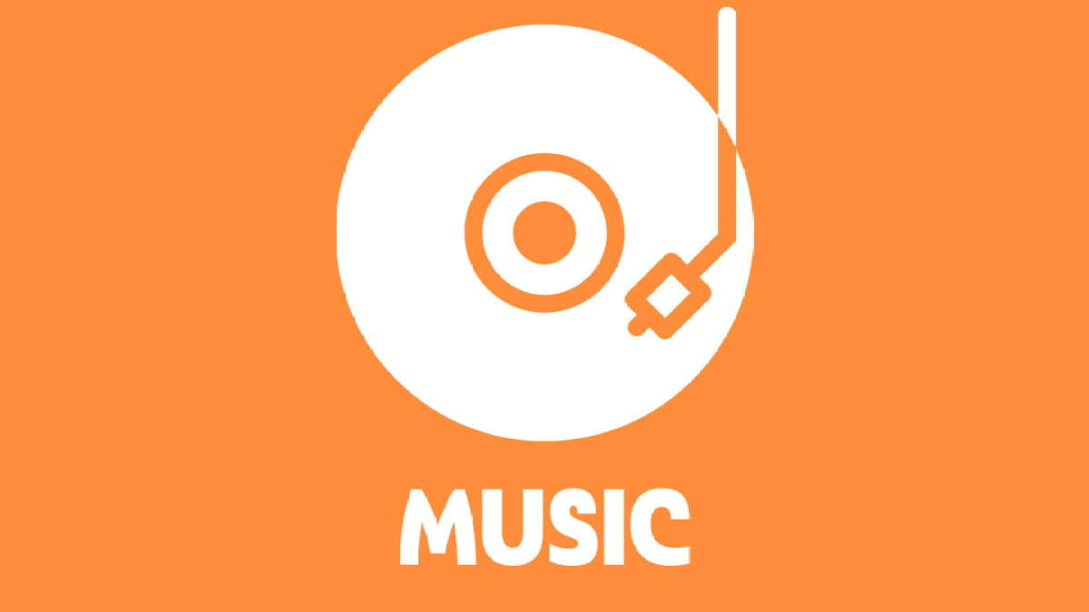 White vinyl record and tonearm icon on orange background with 'MUSIC' text below.