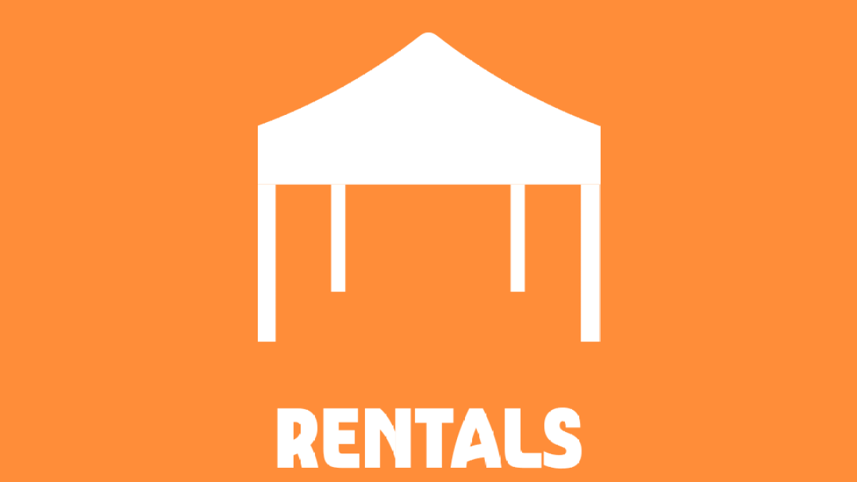 White tent icon and 'RENTALS' text on orange background.