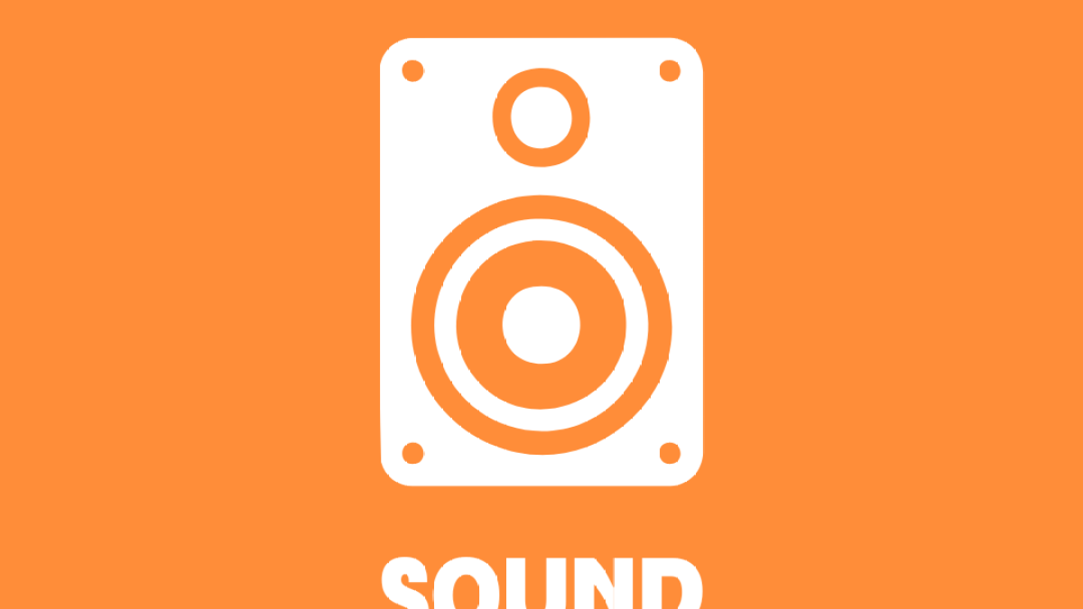 White speaker icon with 'SOUND' text on orange background.