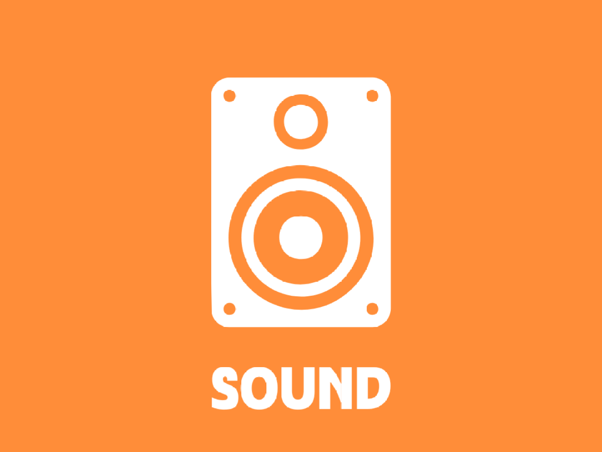White speaker icon and 'SOUND' text on orange background.