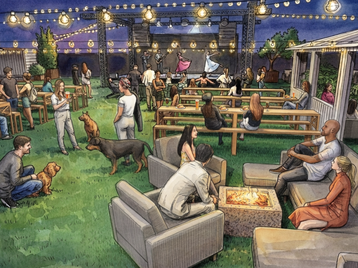 Outdoor gathering with people, dogs, and string lights in a garden setting, featuring a fire pit and stage.