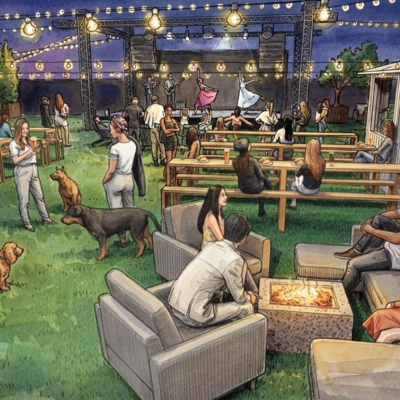 Outdoor gathering with people, dogs, and string lights in a garden setting, featuring a fire pit and stage.