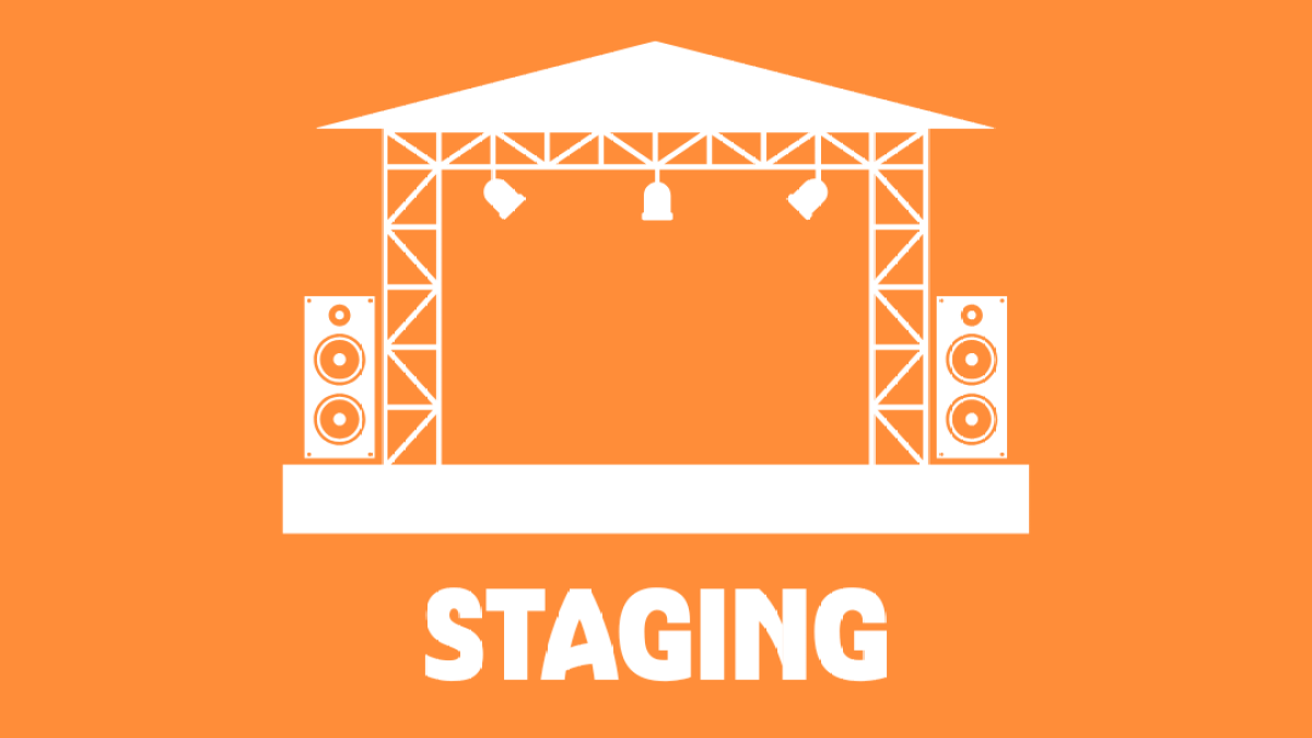 White stage with speakers on orange background, text 'STAGING' below.