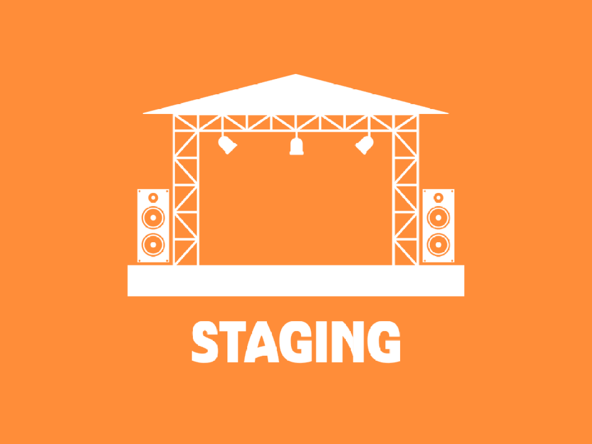 Orange background with white stage icon labeled 'STAGING' below.
