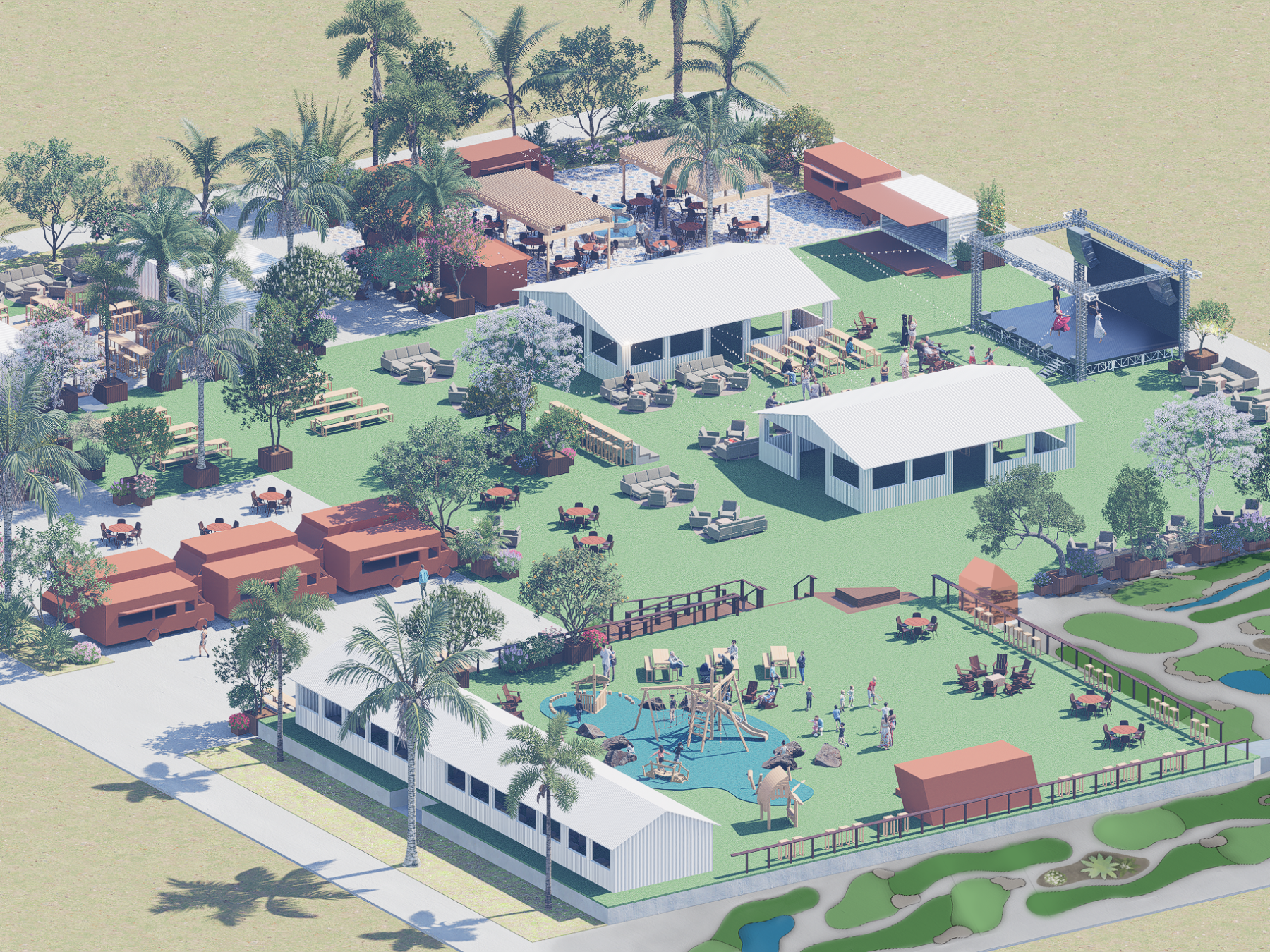 Aerial view of a park with playground, picnic areas, and palm trees.