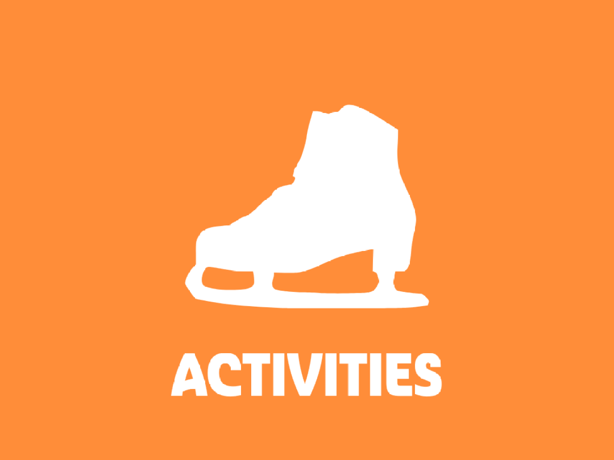 Orange background with white ice skate silhouette and 'ACTIVITIES' text.