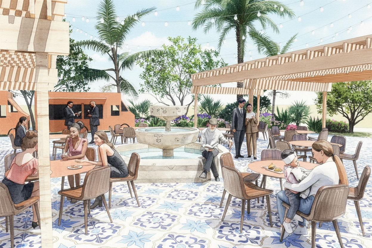 People relaxing at an outdoor café with a fountain and palm trees.