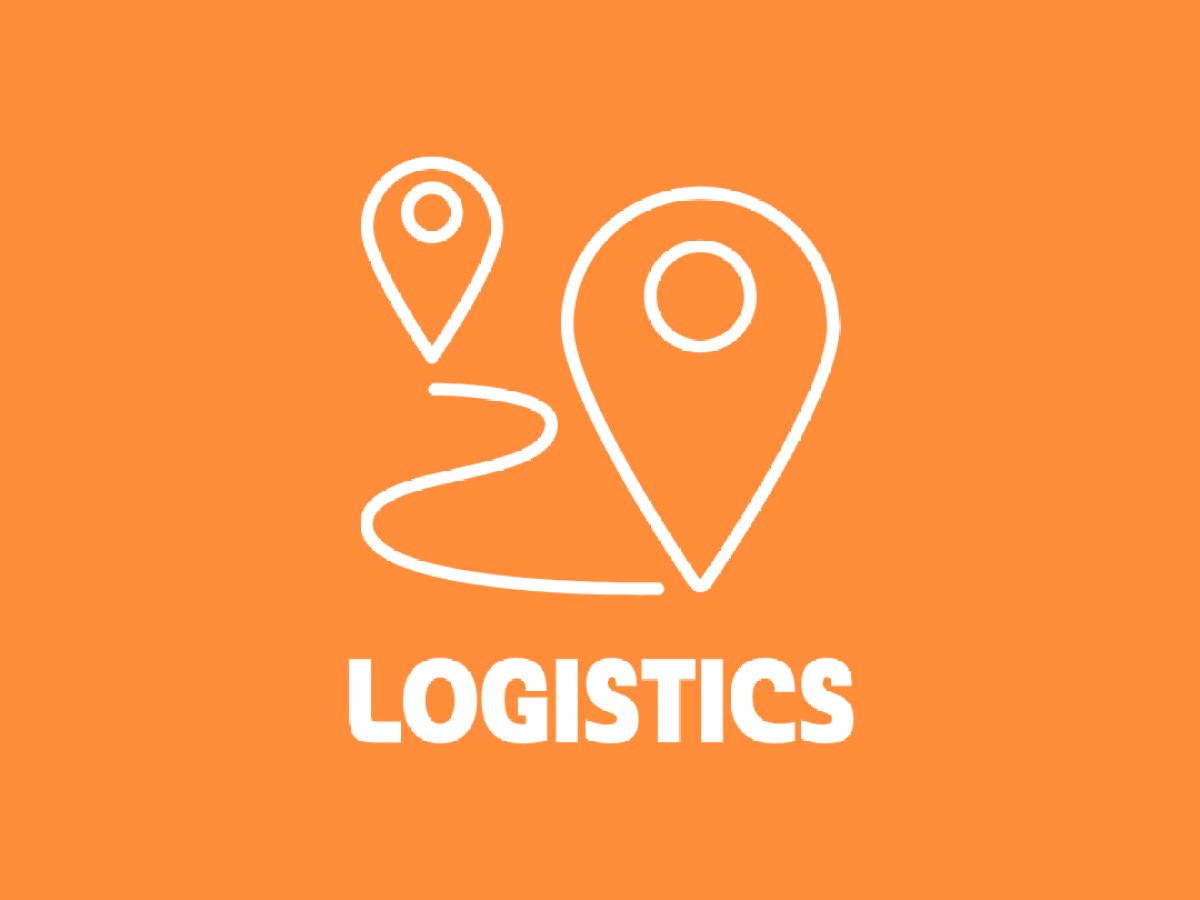Two location pins and a path icon with the word 'LOGISTICS' on an orange background.