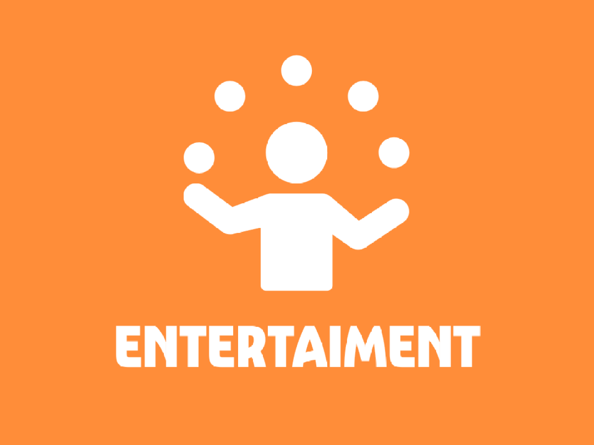 Person juggling balls above the word 'ENTERTAINMENT' on orange background.