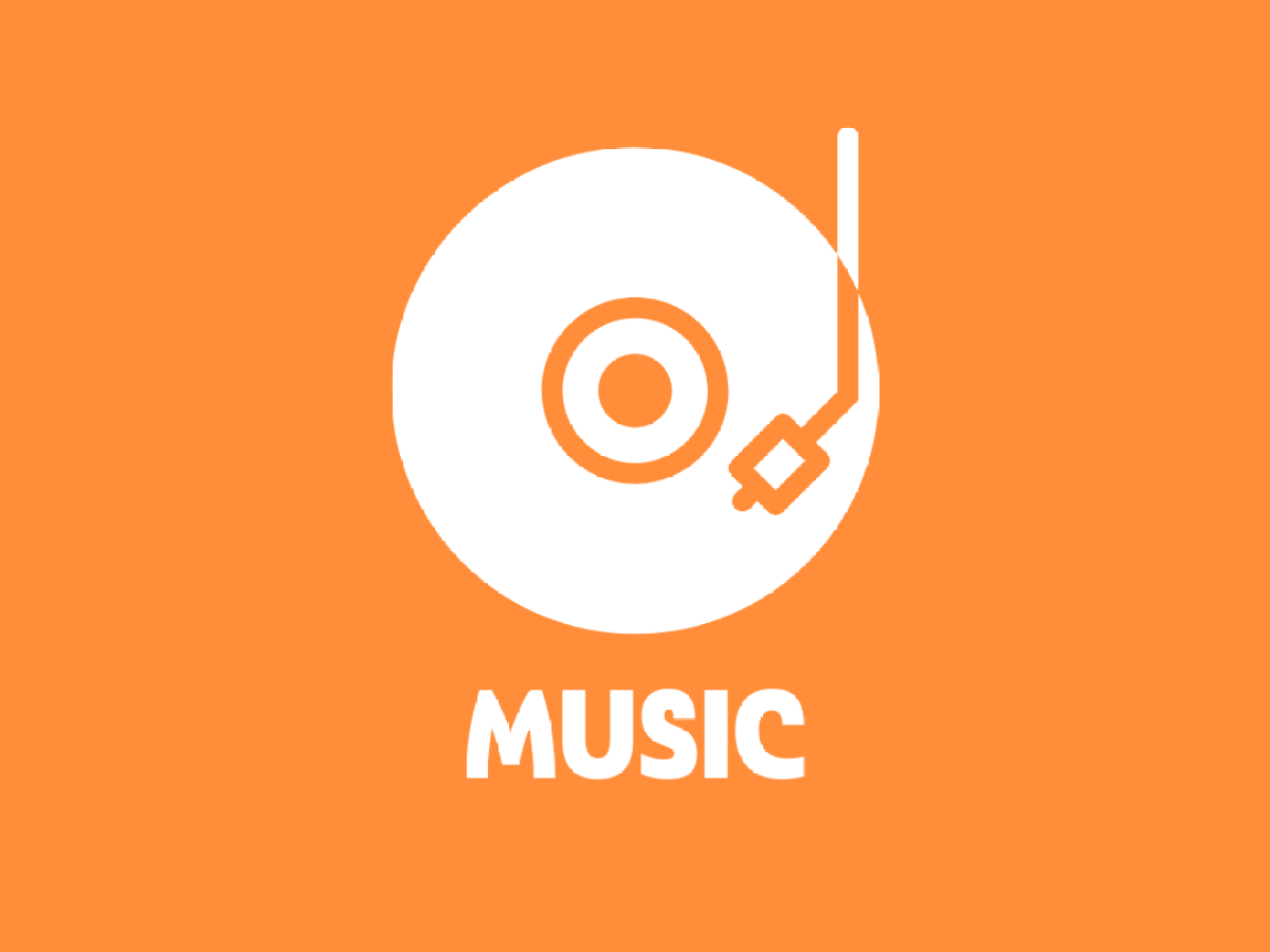 White vinyl record and tonearm icon with 'Music' text on orange background.