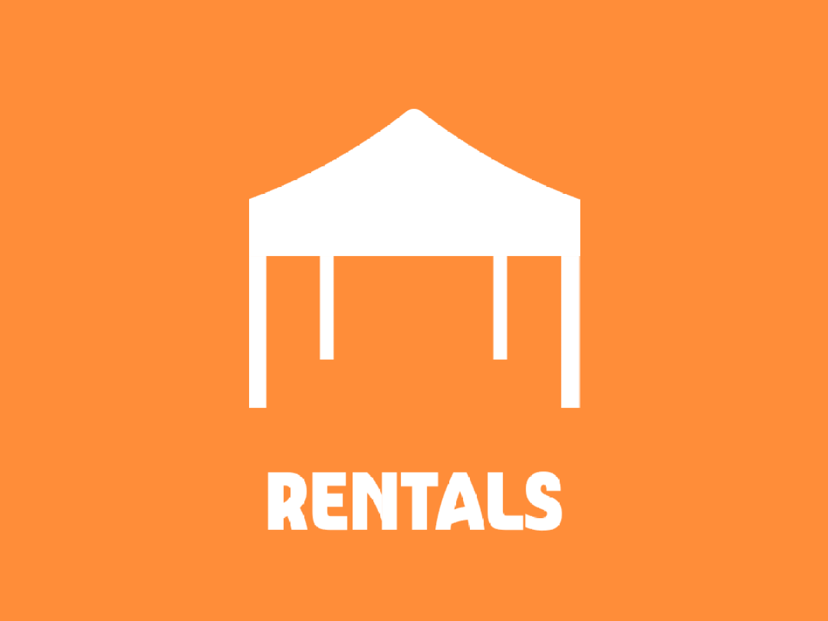 White tent icon above 'Rentals' on orange background.