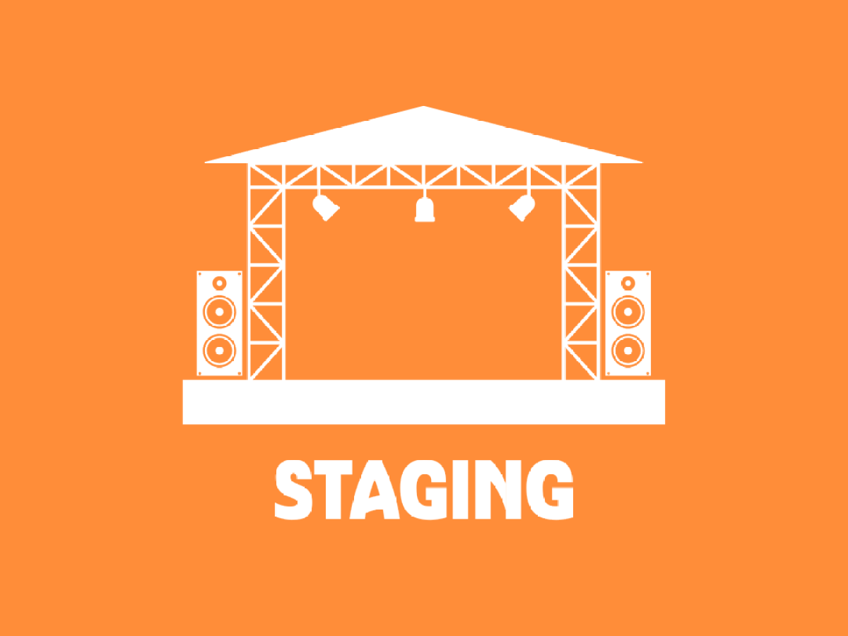 Icon of a stage with speakers and text 'STAGING' on orange background.