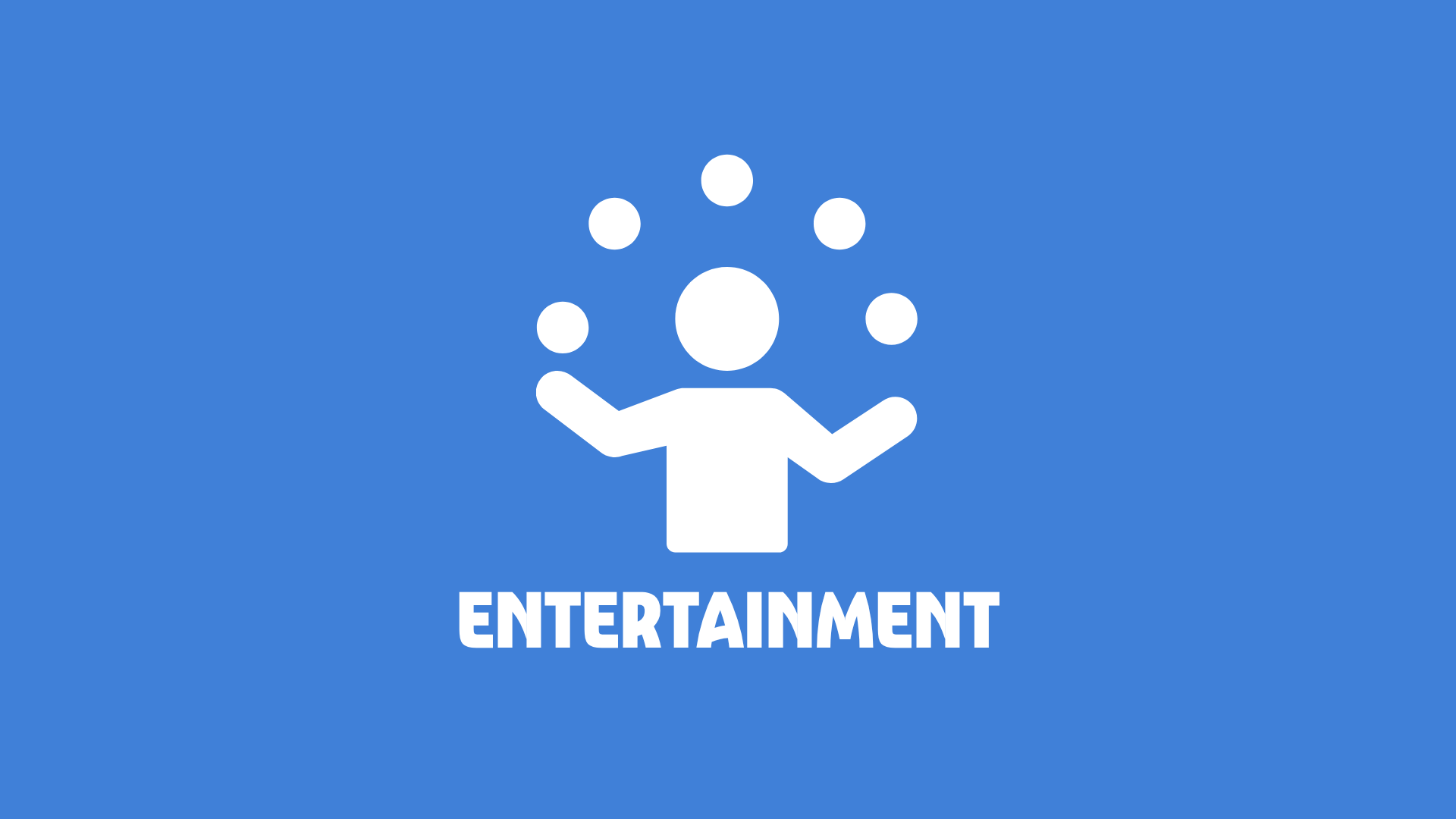 Icon of person juggling balls with text 'ENTERTAINMENT' on blue background.