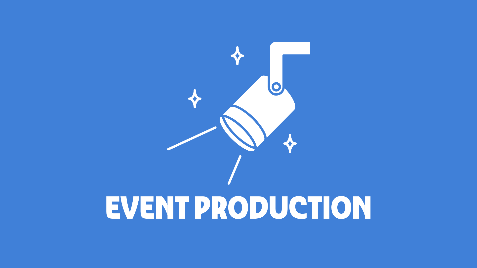 Spotlight shining with 'Event Production' text on blue background.