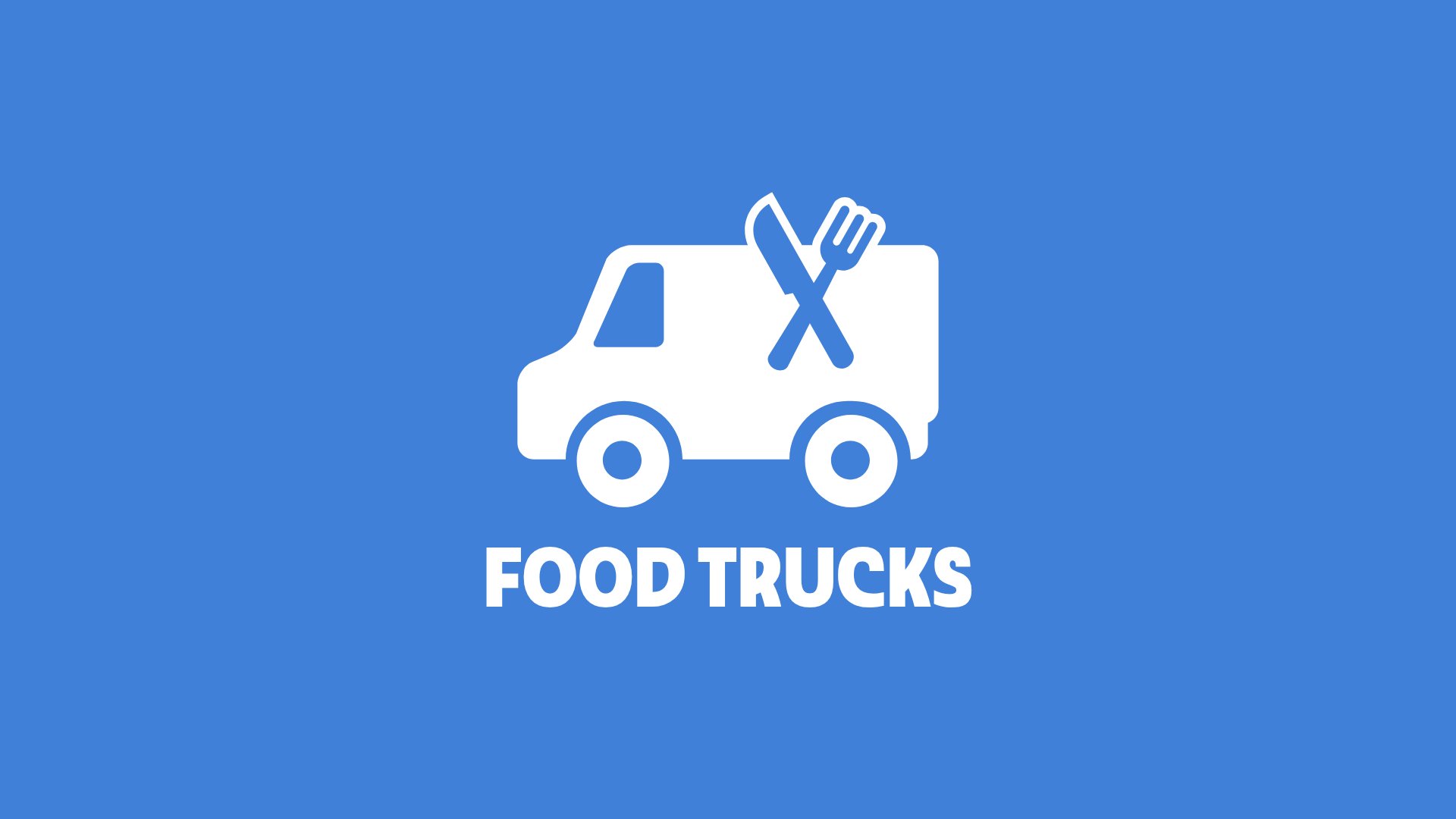 White food truck icon with fork and knife on a blue background, labeled 'FOOD TRUCKS'.