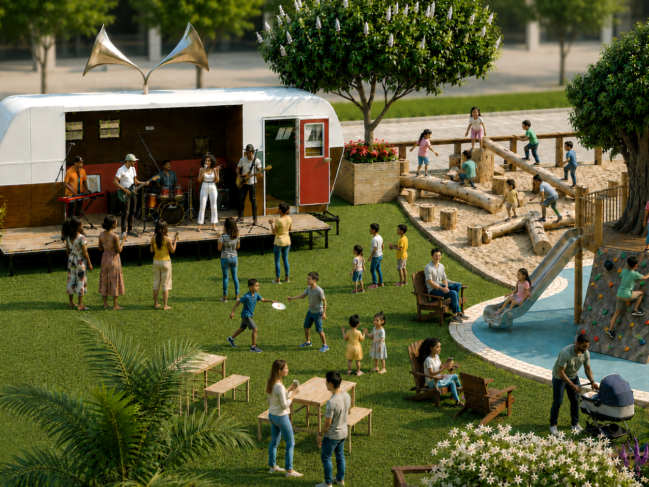 Park scene with people, a band playing, kids on a playground, and trees around.