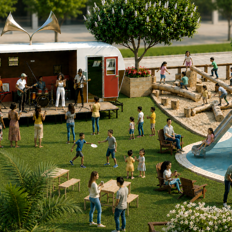 Park scene with people, a band playing, kids on a playground, and trees around.