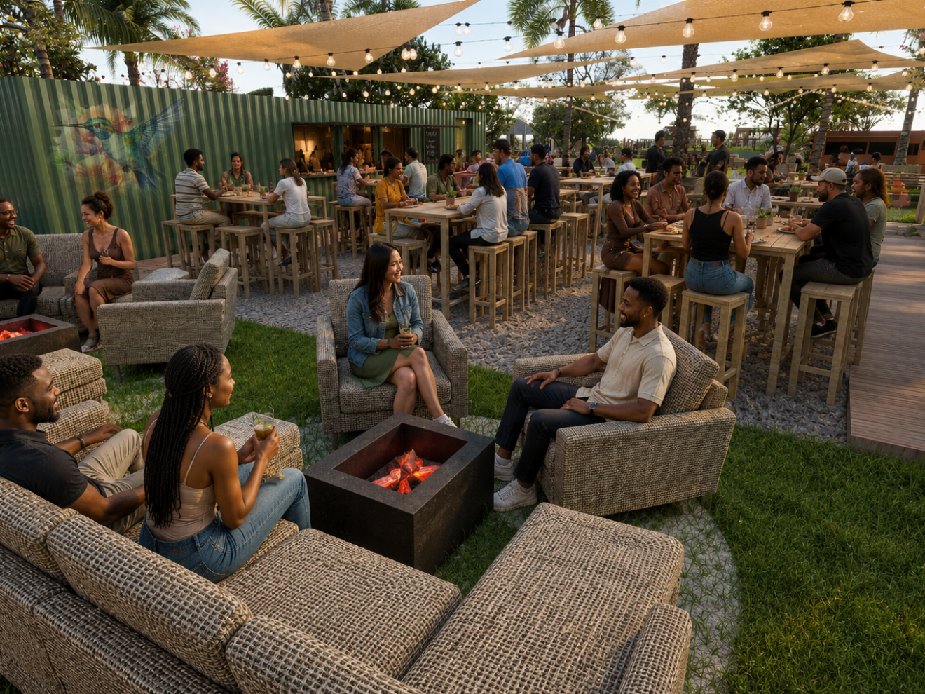 People enjoying an outdoor lounge with sofas and tables, surrounded by greenery.