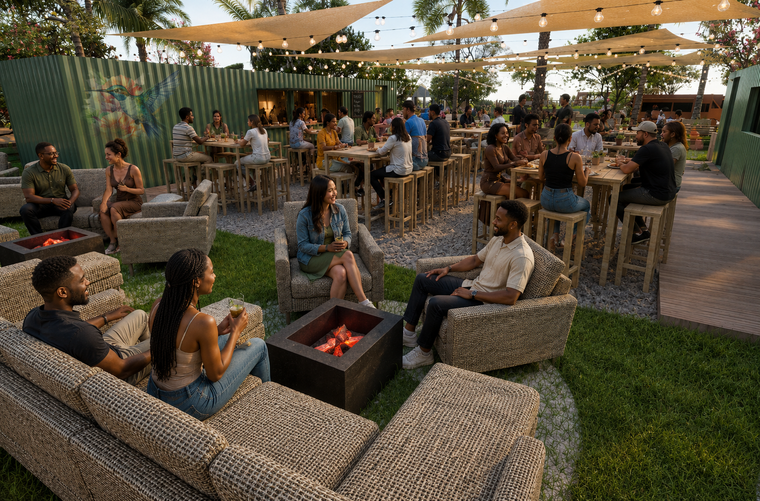 People enjoying an outdoor lounge with sofas and tables, surrounded by greenery.