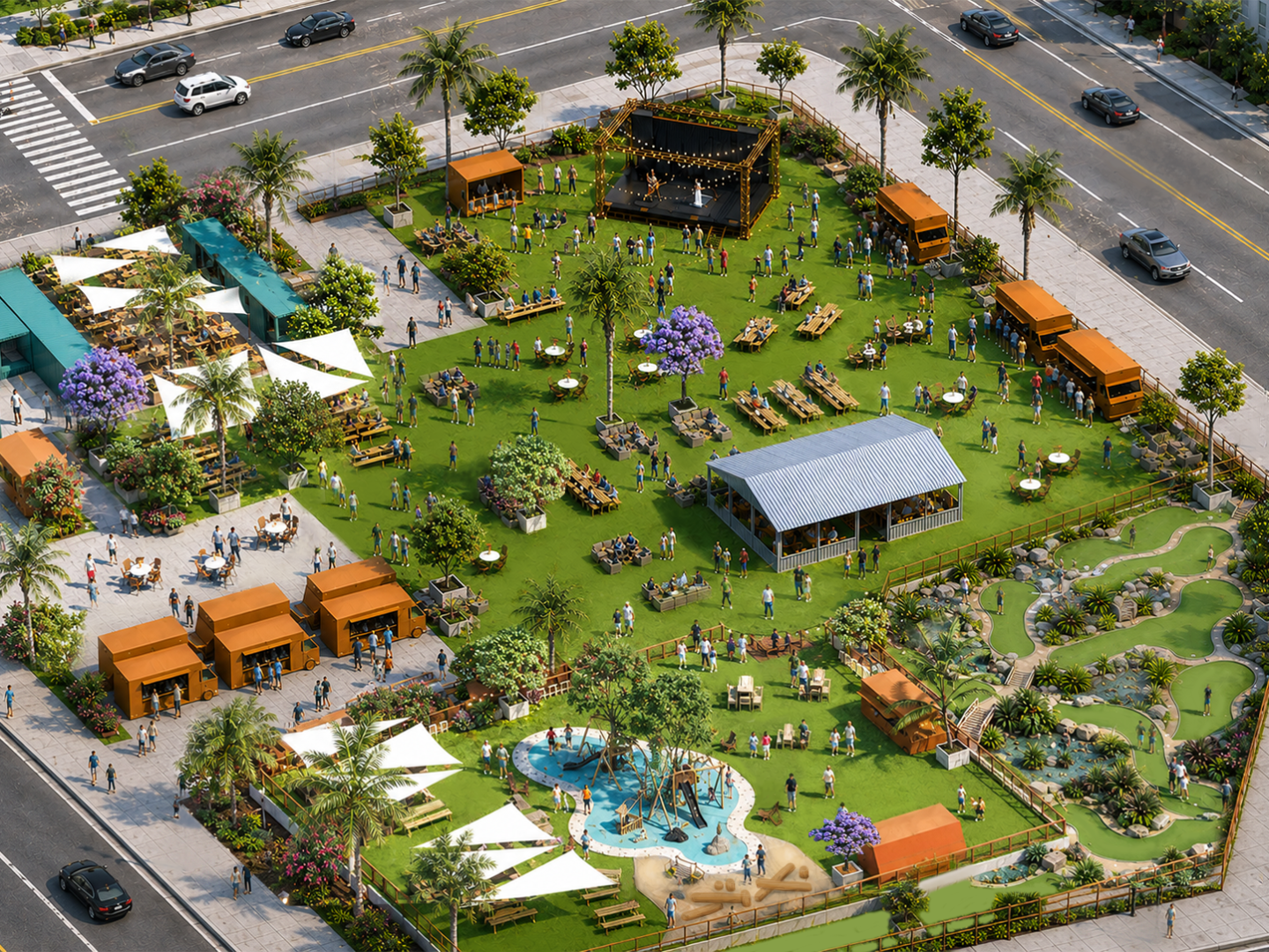 Aerial view of a park with trees, playground, paths, and small structures.