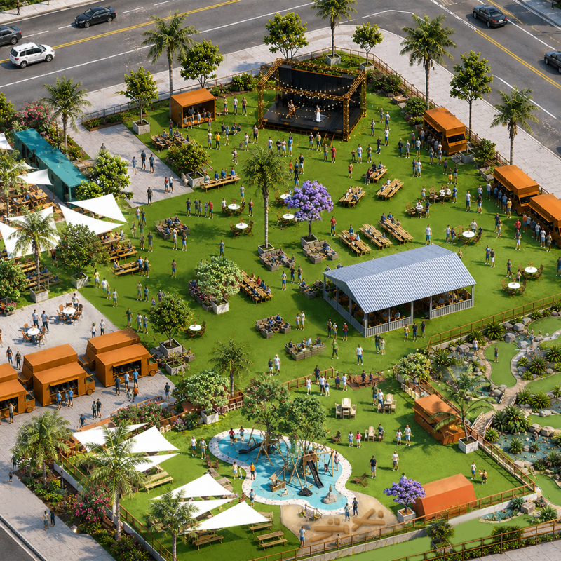 Aerial view of a park with trees, playground, paths, and small structures.
