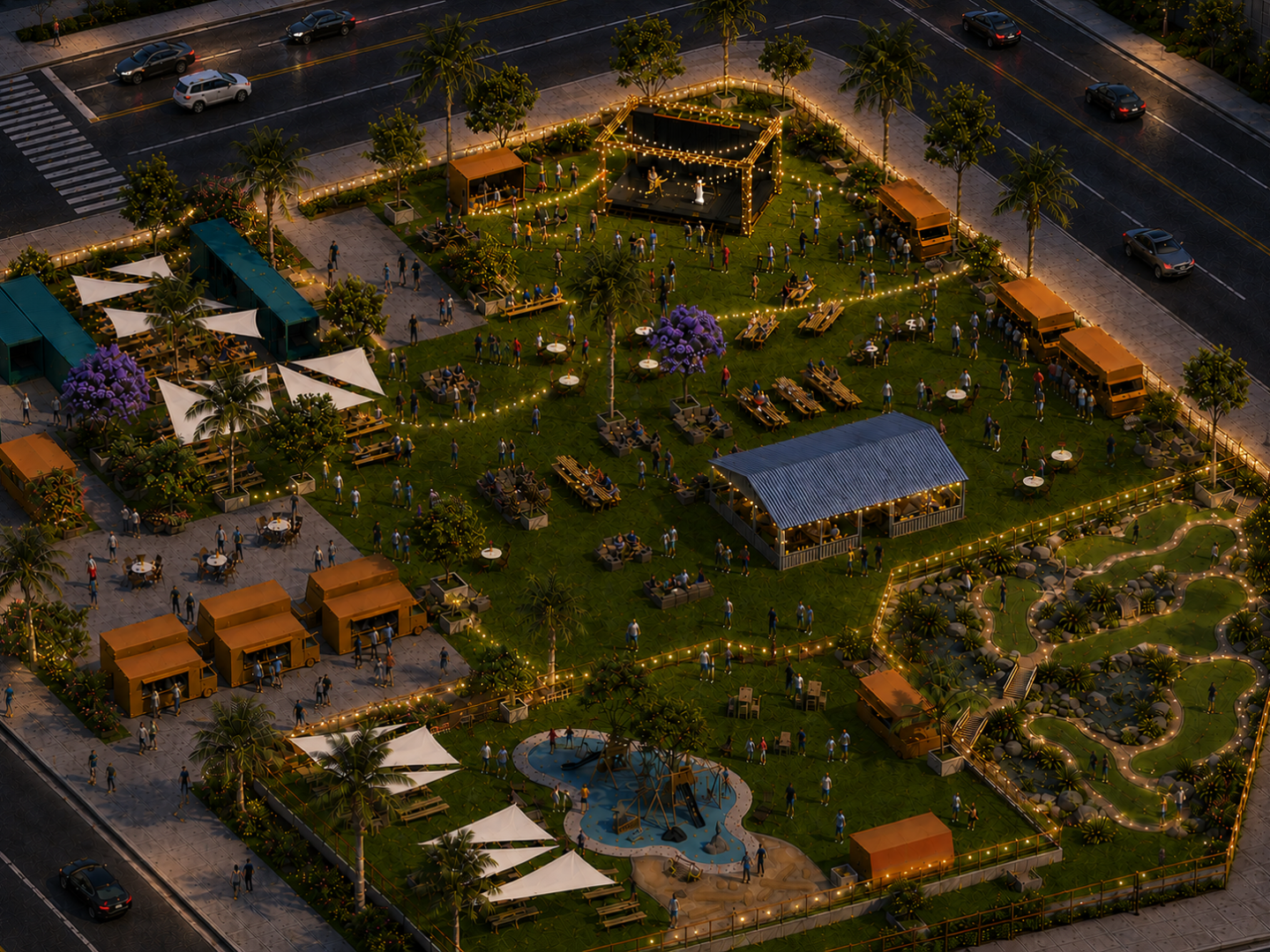 Aerial view of a lit park with pathways, trees, tents, and people, surrounded by busy roads.