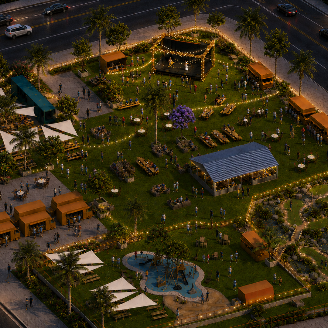 Aerial view of a lit park with pathways, trees, tents, and people, surrounded by busy roads.