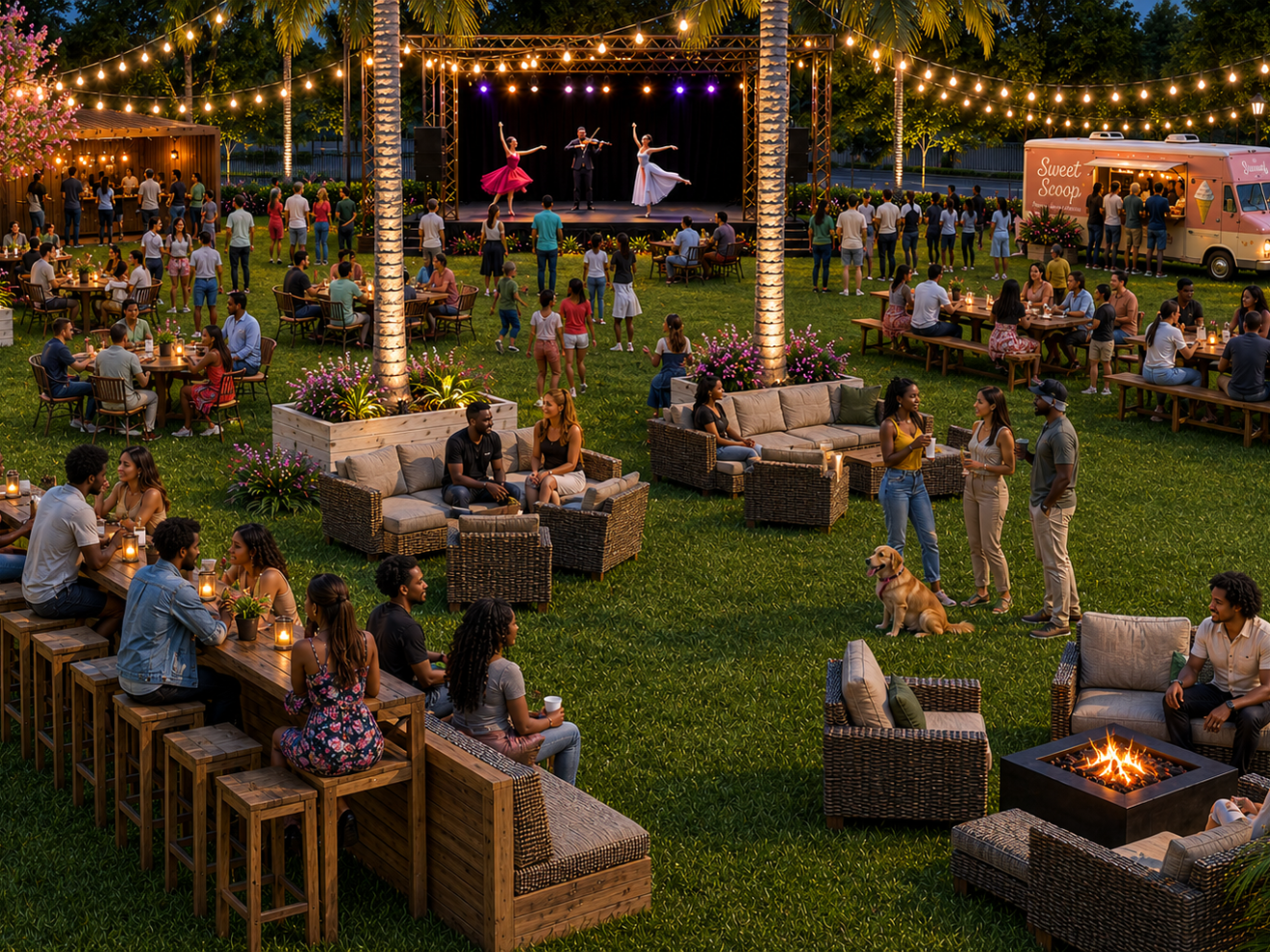 Outdoor event with people seated around tables, a stage with dancers, string lights, and a food truck.